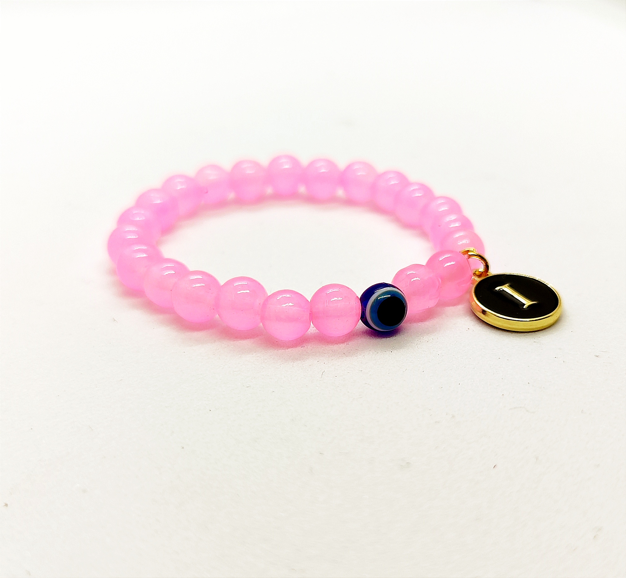 Crystu Natural Rose Quartz Bracelet Evil Eye Bracelet Crystal Stone 8mm Round Bead Bracelet for Reiki Healing and Crystal Healing Stone With Customised Letter - Image 2