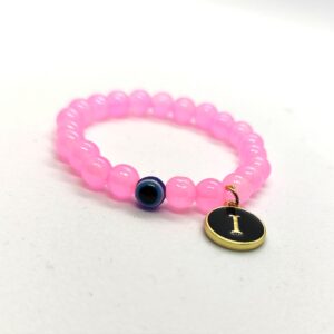 Crystu Natural Rose Quartz Bracelet Evil Eye Bracelet Crystal Stone 8mm Round Bead Bracelet for Reiki Healing and Crystal Healing Stone With Customised Letter
