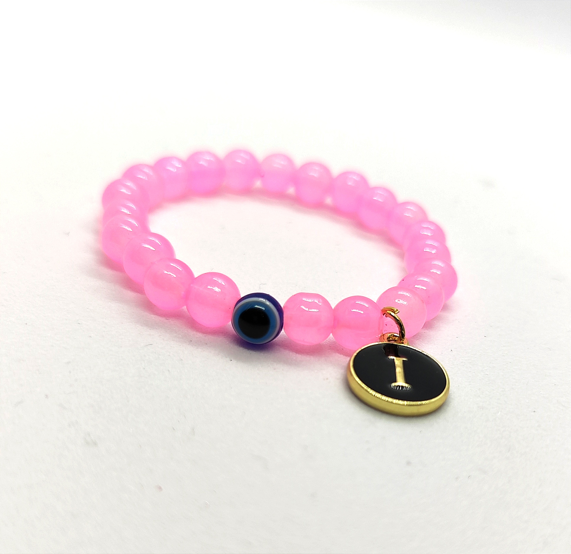 Crystu Natural Rose Quartz Bracelet Evil Eye Bracelet Crystal Stone 8mm Round Bead Bracelet for Reiki Healing and Crystal Healing Stone With Customised Letter